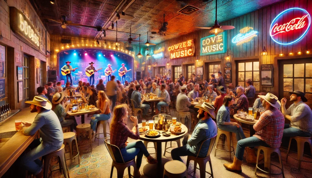 Robert's Western World -- A vibrant, lively bar scene with people enjoying live music in a rustic setting. The interior features neon signs, wooden walls, and people gathered a2. Robert's Western World -- A vibrant, lively bar scene with people enjoying live music in a rustic setting. The interior features neon signs, wooden walls, and people gathered a2.