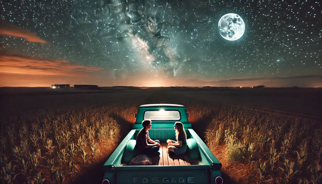 The Best Conversations Happen In A Truck Bed -- A drone shot capturing a peaceful night scene titled 'Stars Above, Tailgate Below, And Love In Between.' From above, a boy and girl are sitting in the2. The Best Conversations Happen In A Truck Bed -- A drone shot capturing a peaceful night scene titled 'Stars Above, Tailgate Below, And Love In Between.' From above, a boy and girl are sitting in the2.