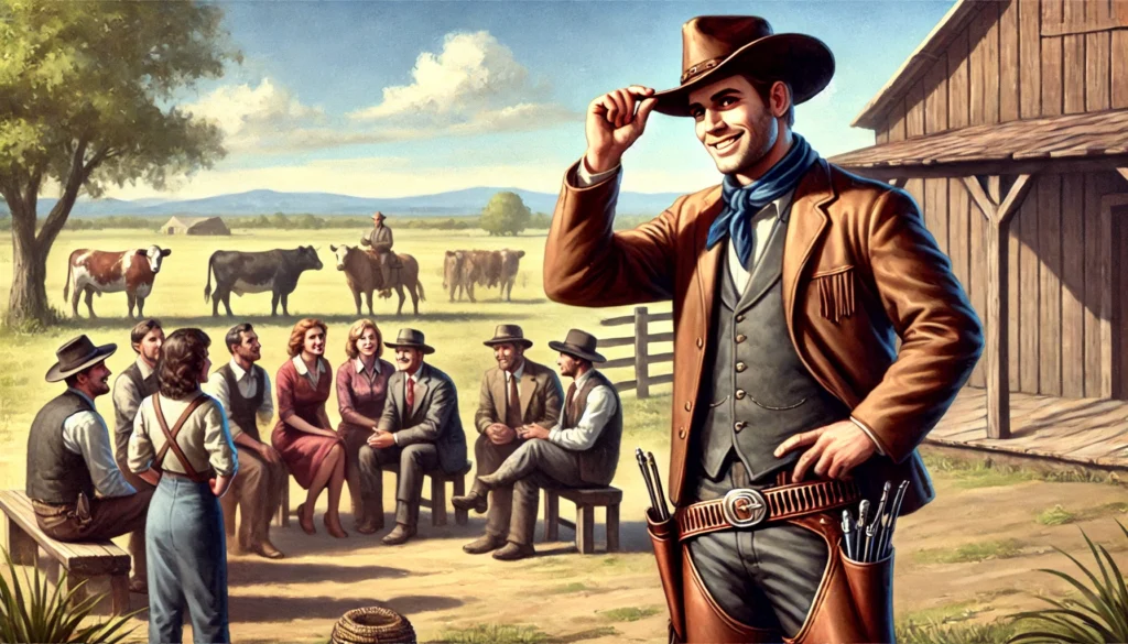 The Cowboy’s Sales Pitch -- A cowboy standing in front of a small group of people gathered around, tipping his hat with a confident grin as he makes his sales pitch. He's in fron1.