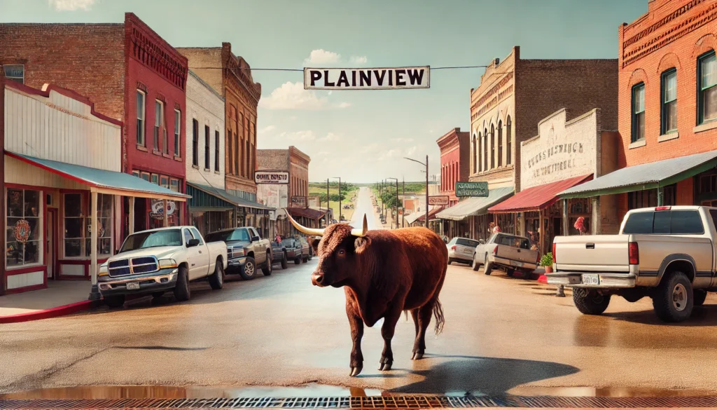 The Cows Are Back in Plainview -- A Western Texas town scene in Plainview with a stray steer wandering through the streets. The steer is casually walking down a small-town street, with4.