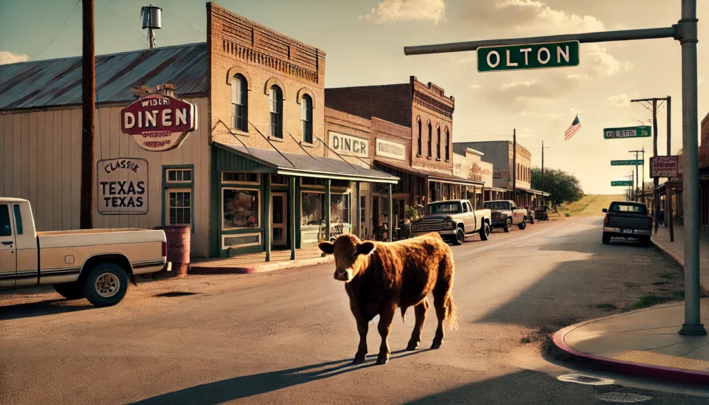 The Cows Are Back in Plainview -- A Western Texas town scene set in Olton, with a stray steer wandering through the quiet streets. The setting shows small-town features, including old 3.