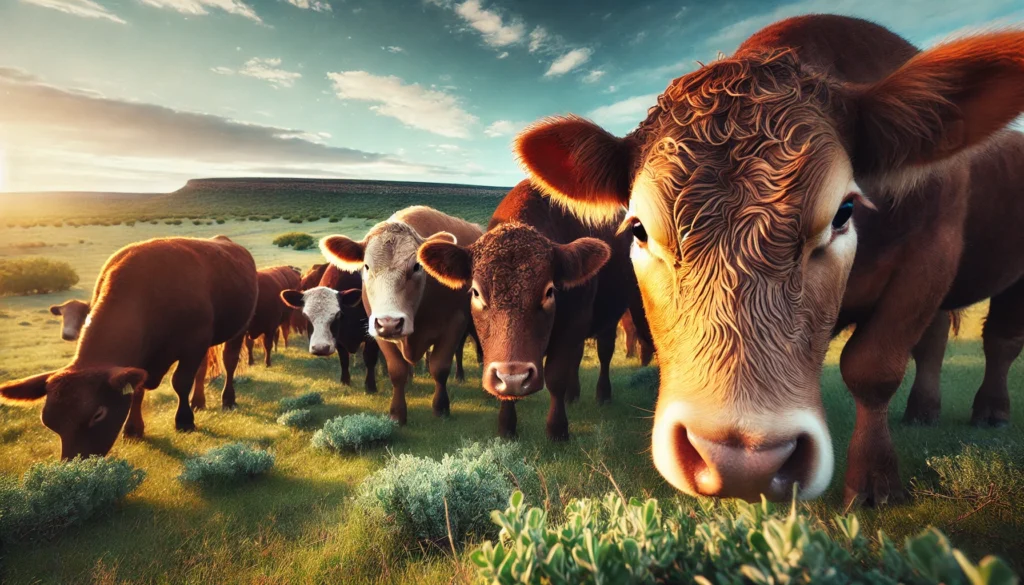 The Cows Are Back in Plainview -- A close-up view of cattle in West Texas, showing the details of their coats and faces. The cows are grazing peacefully on green grass, with some looki2.