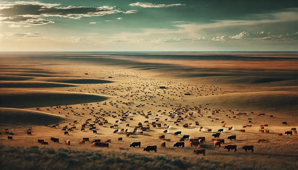 The Cows Are Back in Plainview -- A high plains scene in West Texas, with herds of cattle spread out across the wide, open landscape. The view is expansive, showing the flat, grassy pl1.