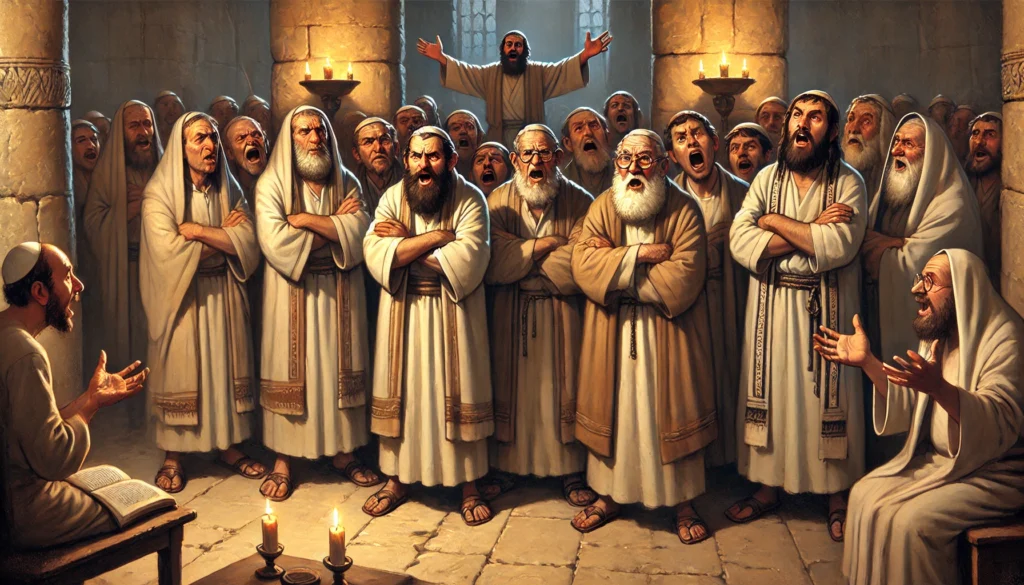 The Pharisees Didn’t Sing -- A humorous scene of Pharisees standing stiffly in a temple, arms crossed, with stern faces as others around them sing joyfully. The Pharisees, dressed1.