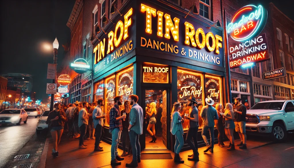 Tin Roof Night -- A close-up night scene of the exterior of Tin Roof, a lively dancing and drinking bar in Nashville. The neon sign glows brightly, reading “Tin Roof,” 3. Tin Roof Night -- A close-up night scene of the exterior of Tin Roof, a lively dancing and drinking bar in Nashville. The neon sign glows brightly, reading “Tin Roof,” 3.