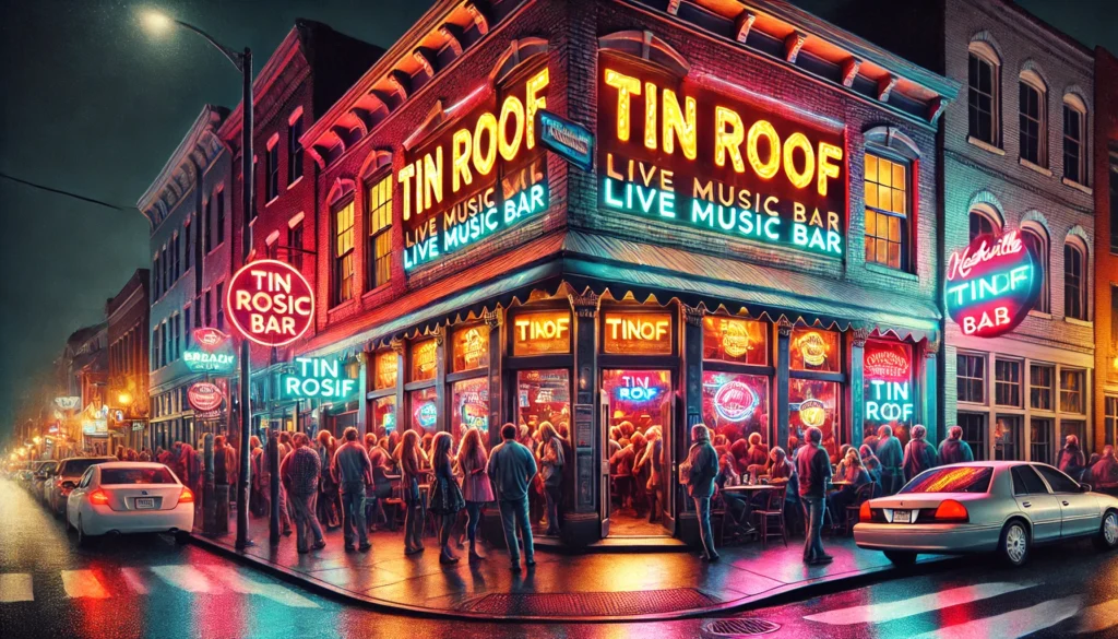 Tin Roof Night -- A close-up, nighttime illustration of the exterior of Tin Roof, a lively live music bar located on Broadway in Nashville. The entrance is illuminated 4. Tin Roof Night -- A close-up, nighttime illustration of the exterior of Tin Roof, a lively live music bar located on Broadway in Nashville. The entrance is illuminated 4.
