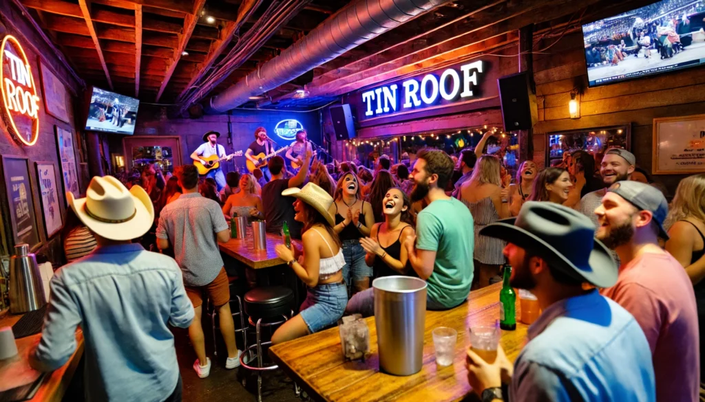 Tin Roof Night -- A lively nighttime scene inside Tin Roof, a popular live music bar on Broadway in Nashville. The interior shows a vibrant crowd dancing and drinking, 2. Tin Roof Night -- A lively nighttime scene inside Tin Roof, a popular live music bar on Broadway in Nashville. The interior shows a vibrant crowd dancing and drinking, 2.