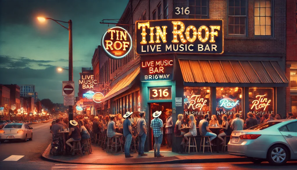 Tin Roof Night -- An exterior scene of Tin Roof, a lively live music bar and casual pub located on 316 Broadway, Nashville. The scene shows a classic neon-lit bar entra1. Tin Roof Night -- An exterior scene of Tin Roof, a lively live music bar and casual pub located on 316 Broadway, Nashville. The scene shows a classic neon-lit bar entra1.