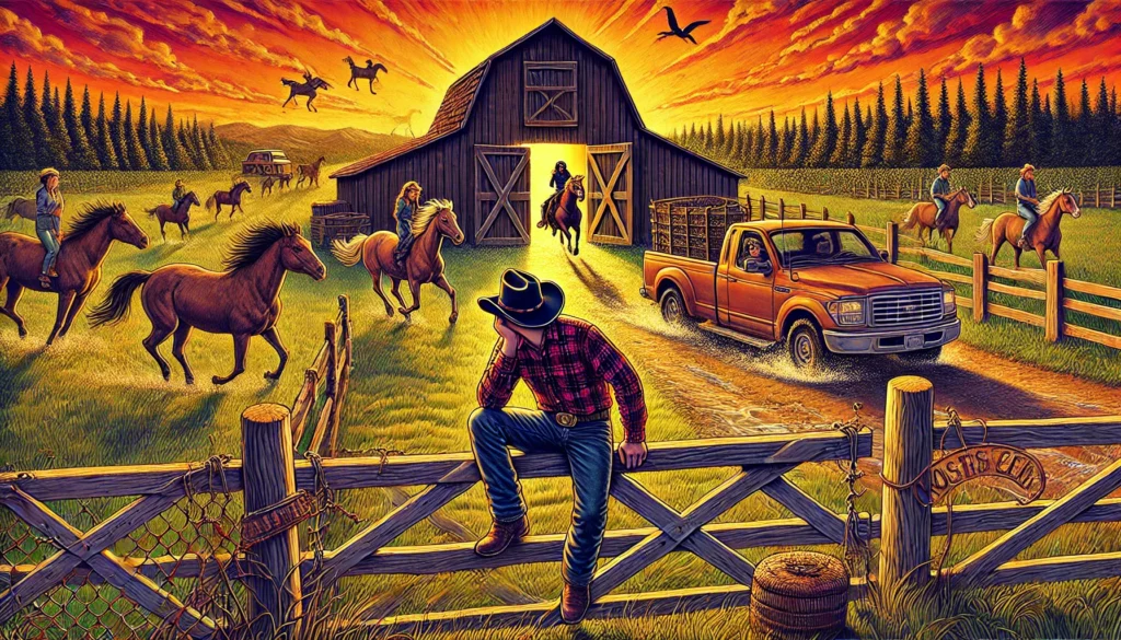 lockin’ the barn door after the horses have run off -- A vivid and detailed illustration inspired by the song 'Locking the Barn Door After the Horses Have Run Off.' In this scene, a cowboy is sitting on a 1.