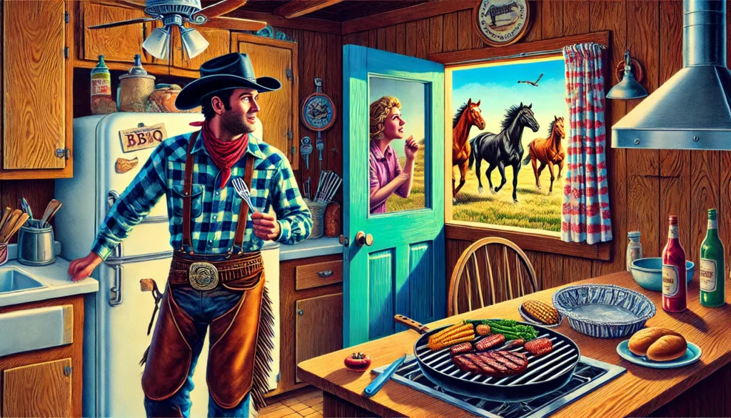 lockin’ the barn door after the horses have run off -- A vivid and detailed illustration inspired by the song 'Locking the Barn Door After the Horses Have Run Off'. The scene shows a cowboy in a kitchen, a2.