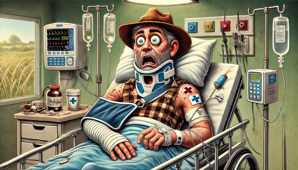 Apocalypse Meow - A humorous and detailed illustration of a farmer lying in a hospital bed with exaggerated, serious injuries, such as a neck brace, bandaged arm, and s2.