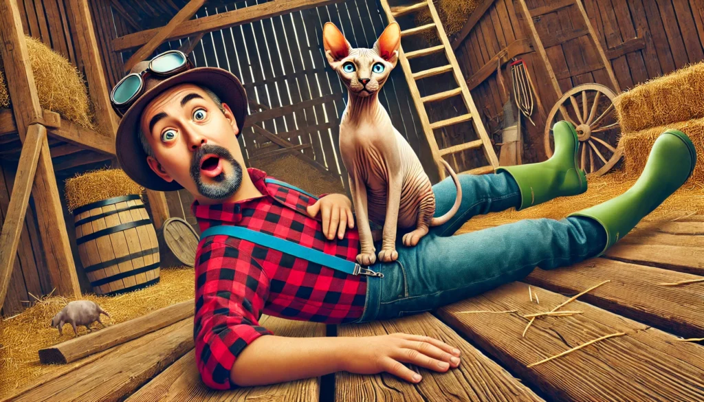 Apocalypse Meow - A humorous and vivid illustration of a farmer who has fallen down a set of wooden barn stairs, lying on the ground in a surprised and slightly pained 1.