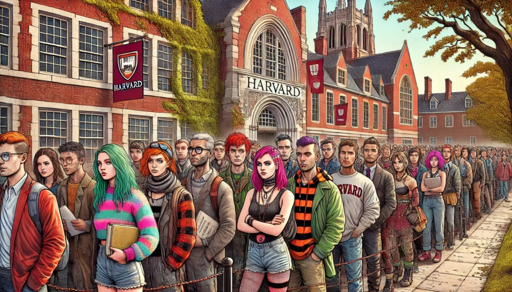 College Bound and New Gender Found -- A detailed, expressive illustration of a diverse group of individuals, appearing as social outcasts, standing in line to attend Harvard University. Th2.