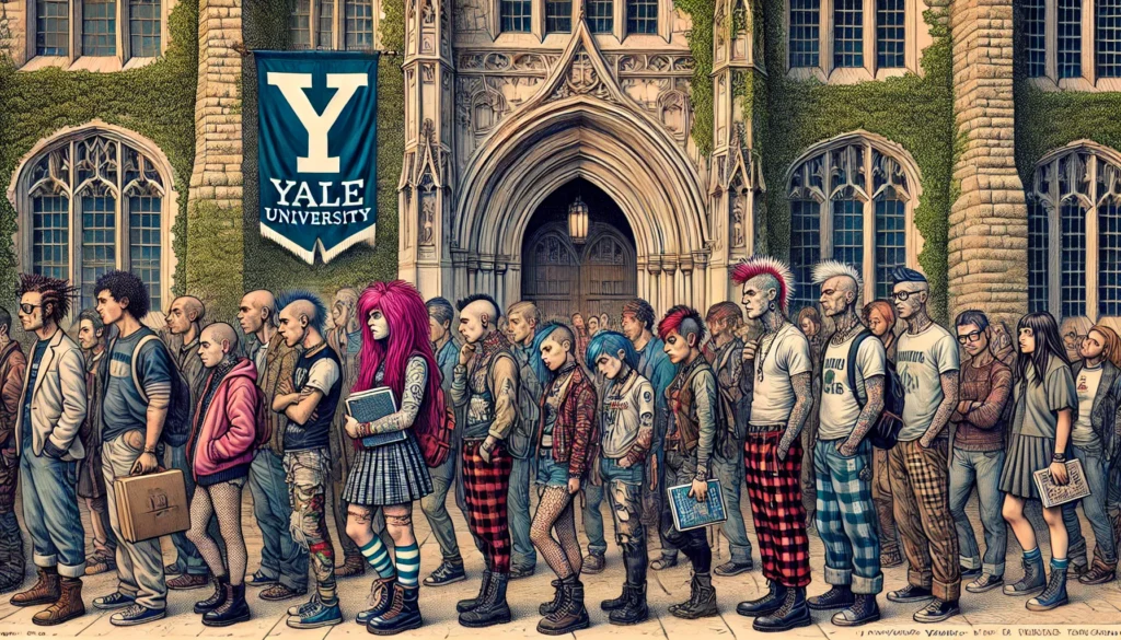College Bound and New Gender Found -- An expressive, detailed illustration of a diverse group of social outcasts standing in line to attend Yale University. The scene is set outside of Yal3.