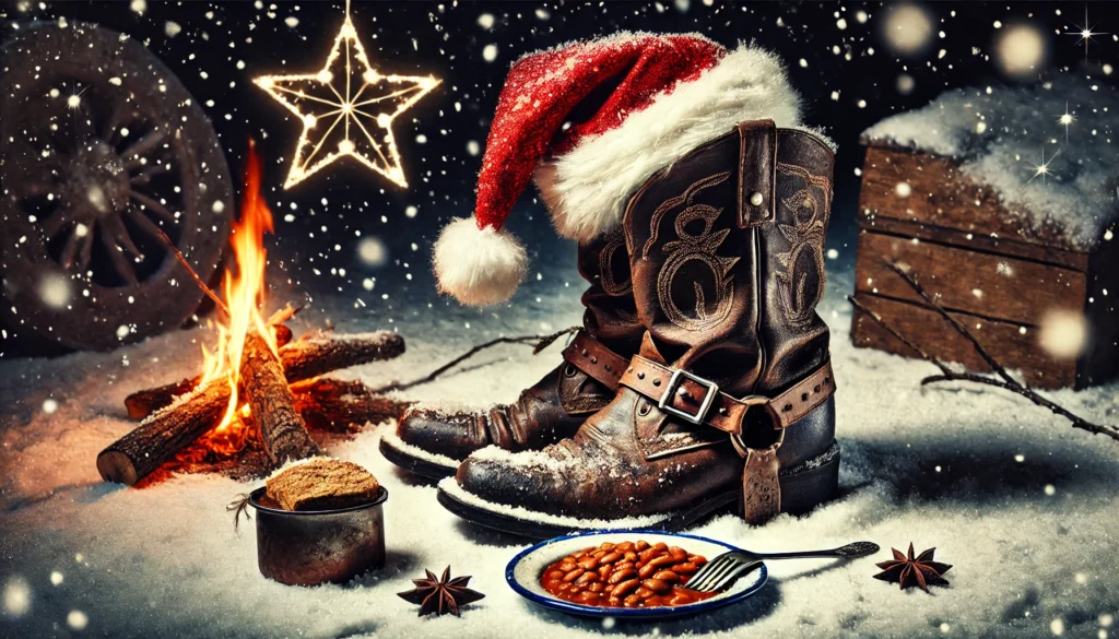 Cowboy Christmas - A close-up of a cowboy’s worn boots with spurs, a Santa hat perched on one of them, and a small, simple feast of beans and bread beside a tiny campfir3.