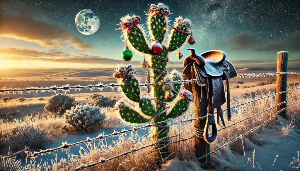 Cowboy Christmas - A decorated barbed wire fence and cactus serving as a “cowboy Christmas tree” on the open range. The cactus and barbed wire are lightly frosted, with 2.