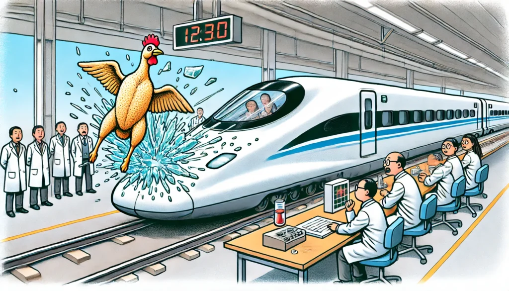 Defrost the Chicken First -- A humorous illustration showing a frozen chicken being launched at the windshield of a high-speed bullet train in a scientific test. The scene capture3.