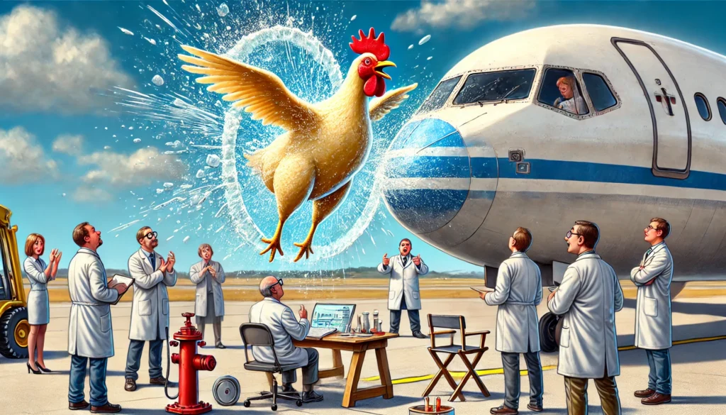 Defrost the Chicken First -- A humorous illustration showing a frozen chicken being launched at the windshield of a plane in a scientific test. The scene captures the moment of im2.