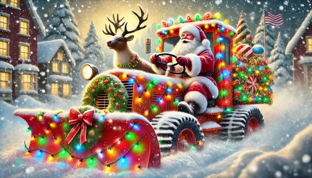 Did Santa Steal the Snowplow -- A festive scene of Santa Claus driving a large snowplow decorated with colorful Christmas lights, garlands, and a wreath on the front. Santa is in his1. Did Santa Steal the Snowplow -- A festive scene of Santa Claus driving a large snowplow decorated with colorful Christmas lights, garlands, and a wreath on the front. Santa is in his1.