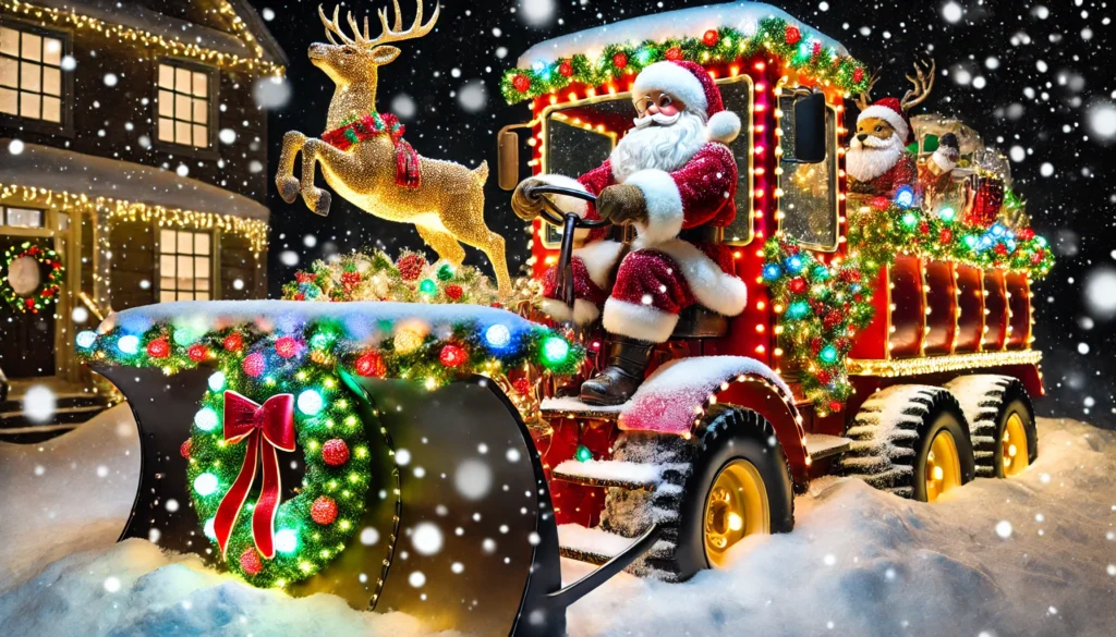 Did Santa Steal the Snowplow -- A festive scene showing Santa Claus driving a large snowplow decorated with colorful Christmas lights, garlands, and a wreath. Santa, in his tradition3. Did Santa Steal the Snowplow -- A festive scene showing Santa Claus driving a large snowplow decorated with colorful Christmas lights, garlands, and a wreath. Santa, in his tradition3.