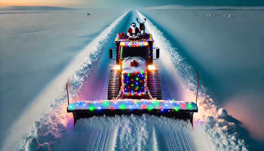 Did Santa Steal the Snowplow -- A high drone shot capturing Santa Claus driving a large snowplow decorated with colorful Christmas lights, clearing a path through a vast snowy landsc4. Did Santa Steal the Snowplow -- A high drone shot capturing Santa Claus driving a large snowplow decorated with colorful Christmas lights, clearing a path through a vast snowy landsc4.