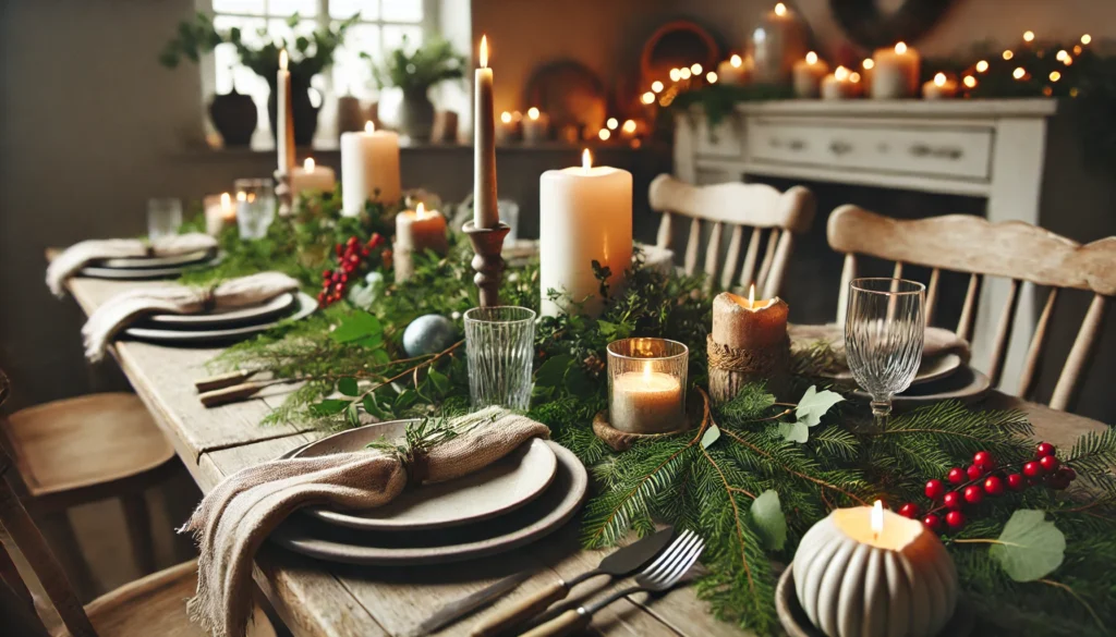 Farmhouse Christmas Eve - A close-up of a farmhouse Christmas table, adorned with fresh greenery, candles, and simple dishes. The setting is rustic yet beautiful, capturing the1.