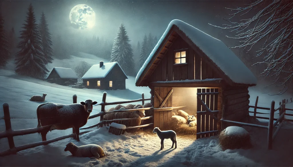 Farmhouse Christmas Eve - A rustic stable beside a farmhouse in a snowy landscape at night. Soft moonlight shines on the stable, where animals like cows and sheep rest inside. 5.