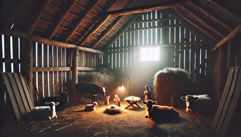 Farmhouse Christmas Eve - A simple nativity scene in a rustic barn, with animals quietly resting nearby. A soft light illuminates the humble setting, reflecting the peaceful an2.