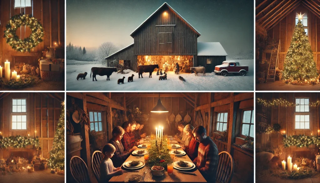 Farmhouse Christmas Eve - A warm, rustic farmhouse interior at Christmas Eve. A family gathered around a cozy table with simple, homemade dishes, hands joined in praye4.