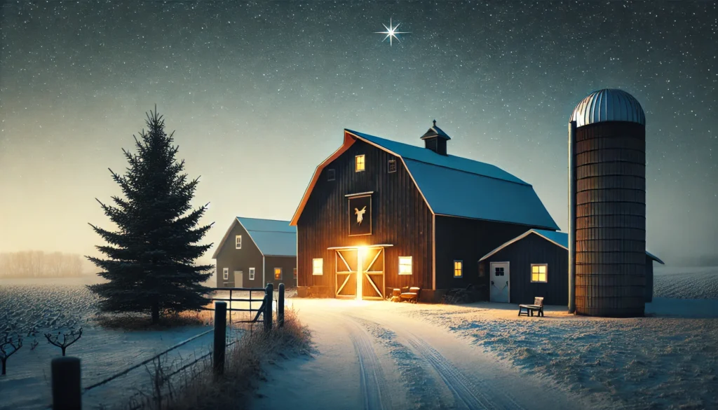 Farmhouse Christmas Eve - Outside a farmhouse, a quiet, snowy evening scene. The barn is lightly frosted, with a warm light glowing from inside, symbolizing comfort and togethe3.