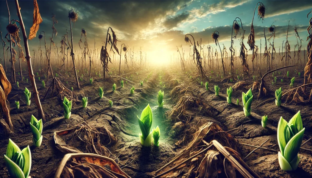 God Restores What the Locusts Ate -- A detailed visual representation of God's promise of Restoration After Loss. The scene shows a barren, dry field with withered plants symbolizing lo2.