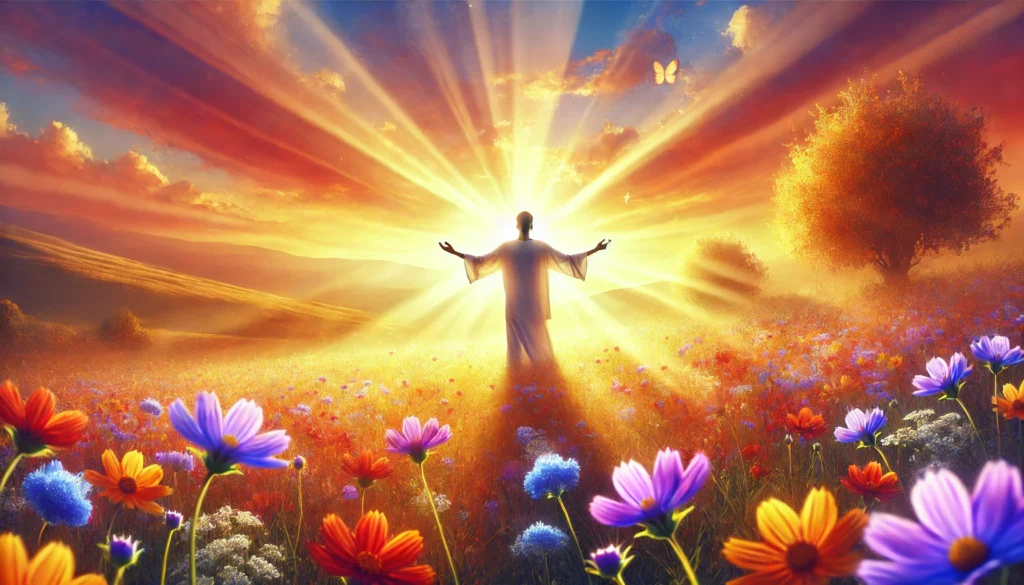 God Restores What the Locusts Ate -- A peaceful scene titled Renewed Hope and Faith symbolizing inner healing and restored faith. A figure stands in an open field of colorful wildflower3.