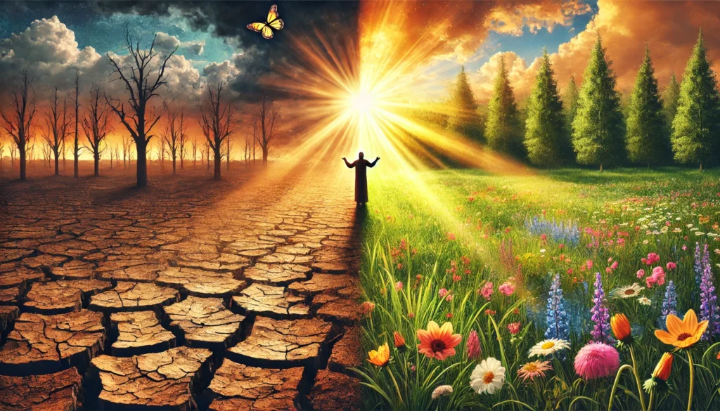 God Restores What the Locusts Ate -- A symbolic image inspired by the biblical theme of restoration and redemption. The scene is split into two contrasting landscapes. On the left, a barr5.