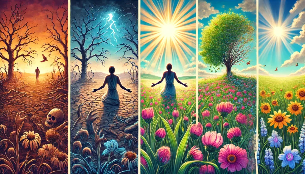God Restores What the Locusts Ate -- Three-part visual series illustrating the themes of God's restoration promise from the Bible. 1. Restoration After Loss A scene showing a desol1.