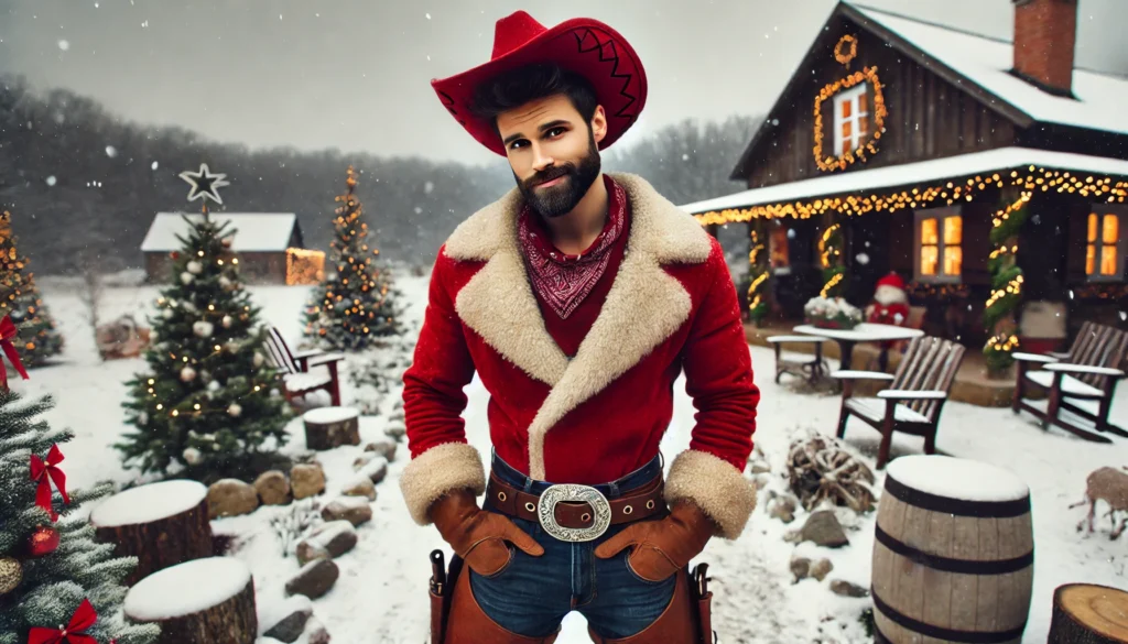 I Need a Man Dressed in Red -- A wide-angle scene of a young cowboy Santa Claus, around 30 years old, standing in a snowy, rustic countryside. He wears a red Santa suit with a cowbo2. I Need a Man Dressed in Red -- A wide-angle scene of a young cowboy Santa Claus, around 30 years old, standing in a snowy, rustic countryside. He wears a red Santa suit with a cowbo2.