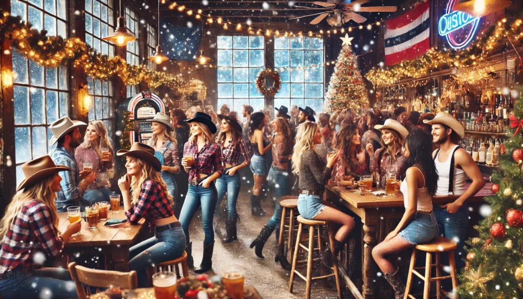 Not So Silent Night - A lively and festive country bar during Christmas with a diverse crowd including women and men in casual country attire—cowboy hats, plaid shirts, and2.
