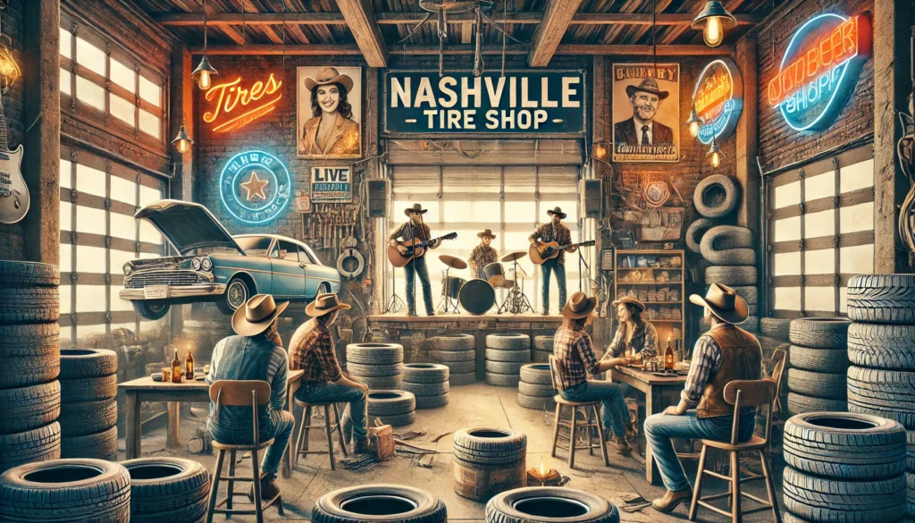 Sittin-in-the-Tire-Shop-Aint-That-Bad -- A detailed illustration of a Nashville tire shop with a unique setup. In the foreground, clients are seated, waiting to have their tires changed, with2. Sittin-in-the-Tire-Shop-Aint-That-Bad -- A detailed illustration of a Nashville tire shop with a unique setup. In the foreground, clients are seated, waiting to have their tires changed, with2.