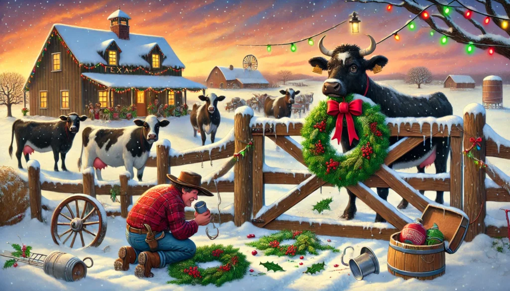 The Cows Ate the Wreath -- A humorous and festive illustration inspired by the song 'The Cows Ate the Wreath.' The scene depicts a snowy Texas farm, where cows are happily munch1