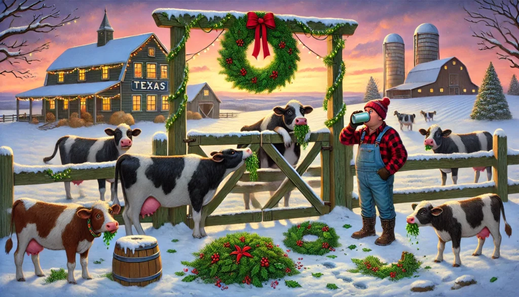 The Cows Ate the Wreath -- A humorous and festive illustration inspired by the song 'The Cows Ate the Wreath.' The scene depicts a snowy Texas farm, where cows are happily munch2