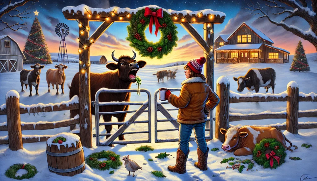 The Cows Ate the Wreath -- A humorous and festive illustration inspired by the song 'The Cows Ate the Wreath.' The scene depicts a snowy Texas farm, where cows are happily munch3