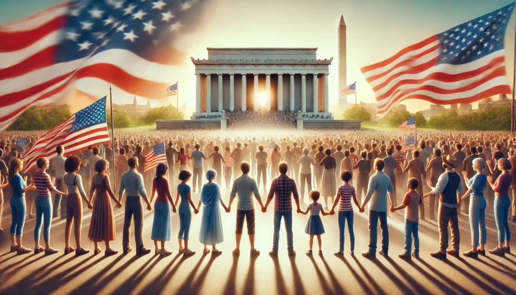 The Election is Over -- A patriotic scene titled 'American Unity' showing people of all ages and backgrounds gathered in front of a historic American building, like the Linco2.