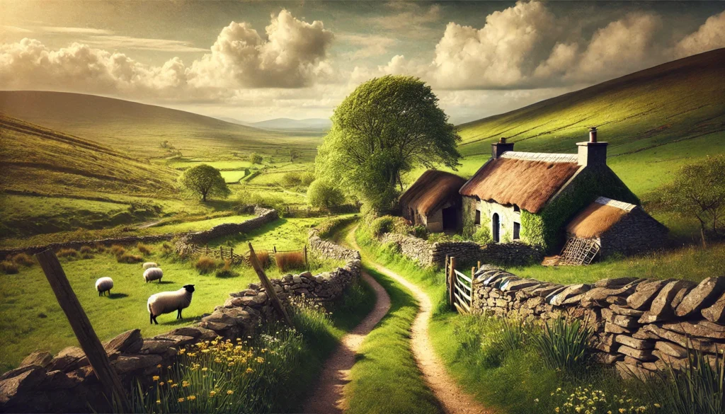 Vanishing Ireland - A scenic rural landscape in traditional Ireland, featuring rolling green hills, ancient stone walls, and a narrow winding path. A cozy stone cottage w1.