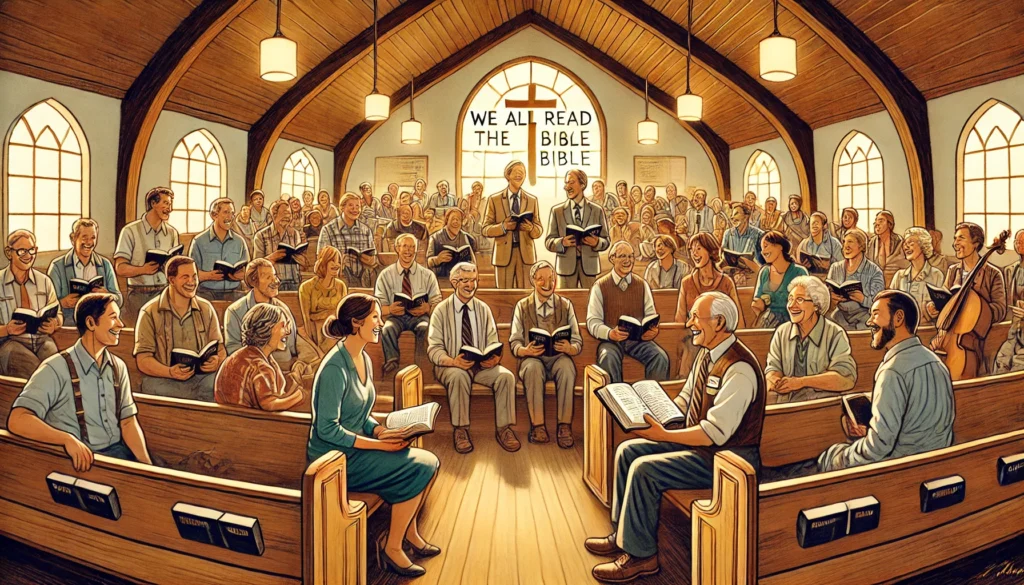 We-All-Read-the-Same-Bible - An illustration inspired by the song 'We All Read the Same Bible' by Debbie “Hayride” Harper & The Prairie Songbirds. Scene 1 A diverse group of peop We-All-Read-the-Same-Bible - An illustration inspired by the song 'We All Read the Same Bible' by Debbie “Hayride” Harper & The Prairie Songbirds. Scene 1 A diverse group of peop
