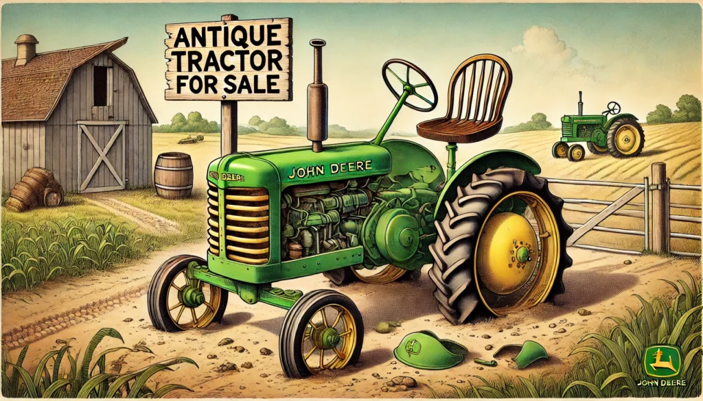 Antique Tractor for Sale -- A humorous and detailed illustration of an antique John Deere tractor in a rural field, clearly missing both the seat and the steering wheel. The trac2.