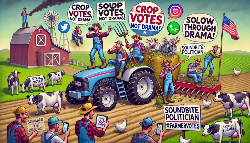 FarmerCowboy.com -- A satirical and humorous scene of farmers engaging with modern election culture. In the first image, a group of farmers --Farmers and Politics -- Alan Nafzger 2.