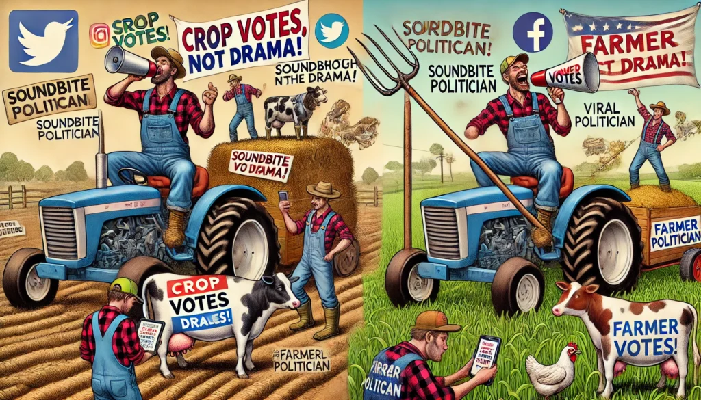 FarmerCowboy.com -- A satirical and humorous scene of farmers engaging with modern election culture. In the first image, a group of farmers -- Politics & Farming -- Alan Nafzger 2.