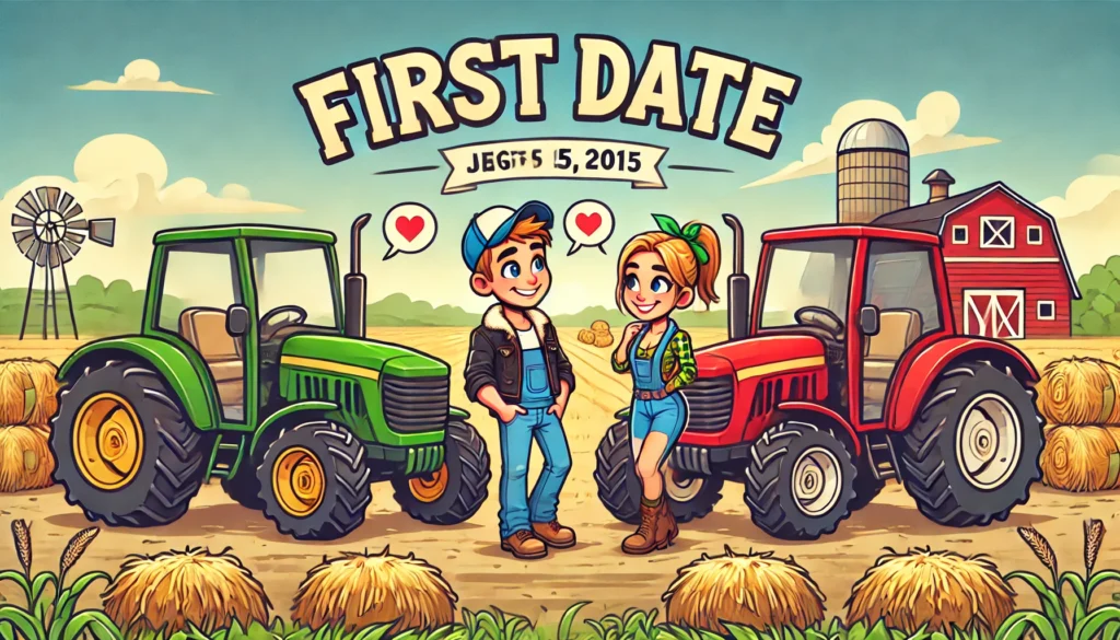 PopulistPolicy.org -- A cartoon-style illustration of a couple on their first date comparing tractors in a field. Both are standing proudly next to thei -- New Dating App for Farmers -- Alan Nafzger 3. farmercowboy.com -- A cartoon-style illustration of a couple on their first date comparing tractors in a field. Both are standing proudly next to thei -- New Dating App for Farmers -- Alan Nafzger 3.