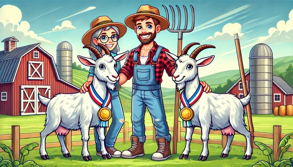 Farmercowboy.com -- A playful cartoon illustration of a rural couple posing proudly in a field with their respective prized goats, each goat wearing a -- New Dating App for Farmers -- Alan Nafzger 5. Farmercowboy.com -- A playful cartoon illustration of a rural couple posing proudly in a field with their respective prized goats, each goat wearing a -- New Dating App for Farmers -- Alan Nafzger 5.